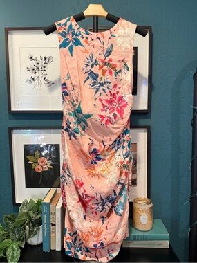 Nicole Miller Sleeveless Peach Pink Floral Midi Dress